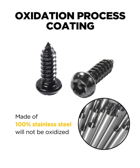 Heavy Duty Black Stainless Steel License Plate Screws With Tamper Proof Anti Theft Hardware And Nylon Inserts For Cars And Trucks Keeps Your Plates Locked Down Tight While Including A Dedicated Quick Install Tool To Get It Done Right close-up of black stainless steel screws showing oxidation process and durability.