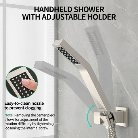 High Quality Ceiling Mount Rain Shower System In Brushed Nickel Featuring A Slick Pressure Balance Valve That Kills Water Hammer Noise For A Truly Top Notch Bathroom Setup