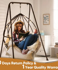 Indoor Heavy Duty Foldable Hammock Chair Stand With 300 Lb Capacity, young woman reading, sturdy frame, easy setup.