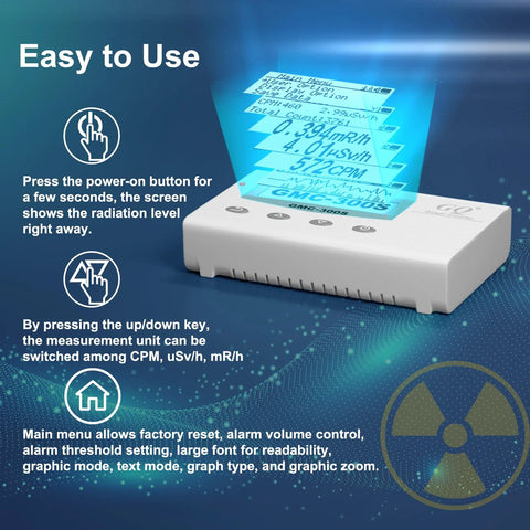 Front view of GMC-300S Geiger counter, white plastic body with top buttons and blue digital display.