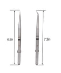 Two Pack Anti Static Curved Precision Tweezers Set for Electronics, stainless steel, 6.5in and 7.2in sizes, with ergonomic grip shown.