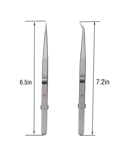 Two Pack Anti Static Curved Precision Tweezers Set for Electronics, stainless steel, 6.5in and 7.2in sizes, with ergonomic grip shown.