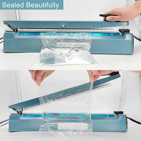 16 Inch Impulse Heat Sealer sealing plastic Mylar bag with 3mm seal width, durable metal shell, for home and small business use.
