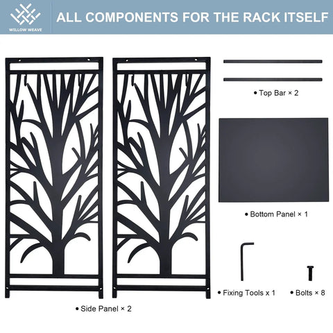 Components of Compact Firewood Rack And Four Tool Set For Fireplace showcasing side panels, top bar, and bolts for assembly