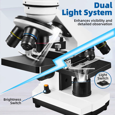 All In One Microscope Kit For Home Science Nerds And Curious Minds 40X To 2000X Monocular With 2 Led Lights detail view