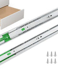 18 Inch Soft Close Drawer Slides Featuring Adjustable Tension Side Mount Full Extension Runners Built Tough For Smooth Cabinet Setup And No Sweat Gliding Action 5 Pair Set with screws and open drawer.