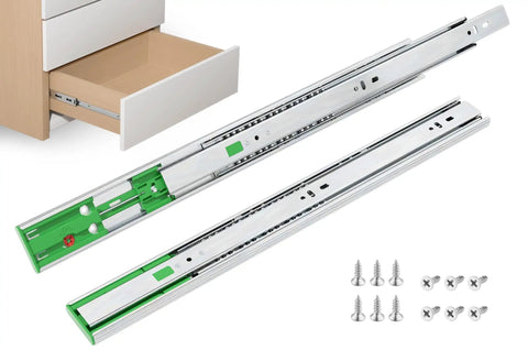 18 Inch Soft Close Drawer Slides Featuring Adjustable Tension Side Mount Full Extension Runners Built Tough For Smooth Cabinet Setup And No Sweat Gliding Action 5 Pair Set with screws and open drawer.