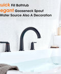 Installed front view of Wintap matte black 3-hole widespread bathtub faucet set with high-arc spout and two handles.
