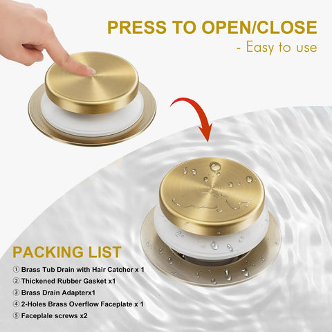 Sleek Champagne Bronze Bathtub Drain Kit With Overflow And Integrated Hair Catcher For A Major Bathroom Flex, showing press to open/close feature.
