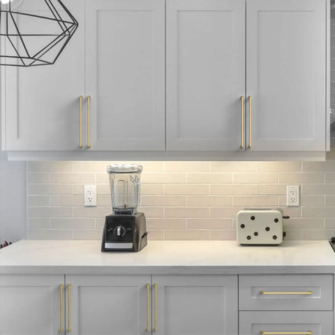 Heavy Duty Gold Cabinet Pulls Six Pack 11.3 Inch Boss Grade Kitchen Drawer Handles on modern cabinetry with appliances.