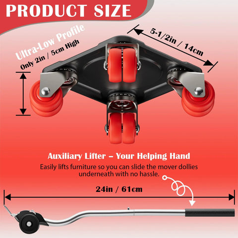 Heavy Duty Furniture Movers With Eight-Wheel Design And Lifter, Square Dollies With 360 Degree Swivel Dual-Wheel Casters