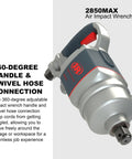 2850MAX Air Impact Wrench with 360-degree handle and swivel hose connection for seamless job experience
