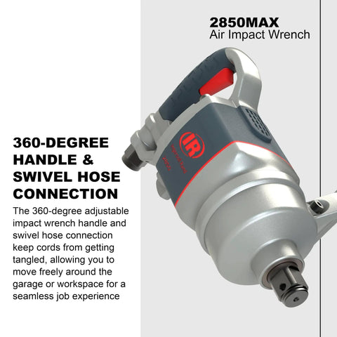 2850MAX Air Impact Wrench with 360-degree handle and swivel hose connection for seamless job experience