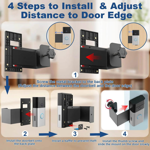 Image showing installation steps for Anti Theft Video Doorbell Mount No Drill Bracket For Battery And Video Doorbells Easy Install For Apartments Homes And Small Businesses Compatible With Models 1 2 3 3Plus 4 2Nd Gen Battery Plus 2023 And Battery Pro 2024 Not For Security Doors.