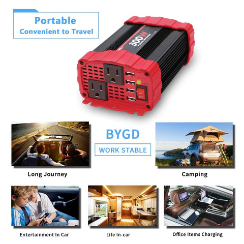 Rock Solid 300W Car Power Inverter Dc 12V To 110V Ac Vehicle Adapter Converter With Dual Quick Charge USB Ports, showing multiple uses.