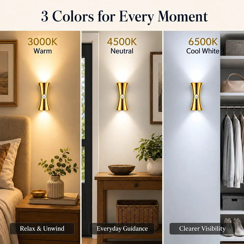 2 Pack Rechargeable Wall Sconces with Motion Sensor and Magnetic Mount in three color options illuminating different settings.
