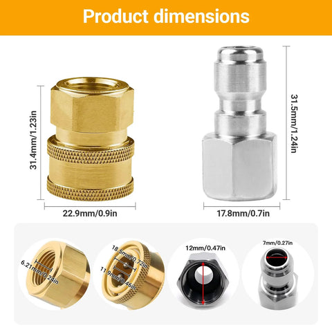 8-pack NPT 1/4 in quick-connect pressure washer fittings set, brass-colored male/female adapters, internal-thread, 5000 PSI