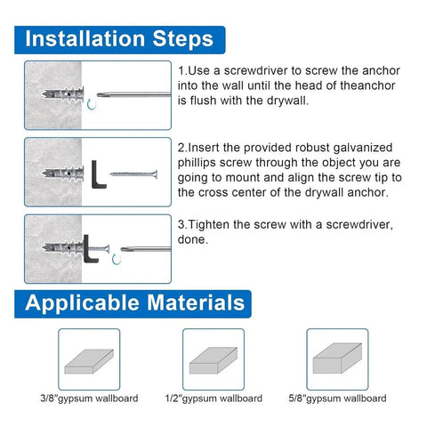 120 Piece Self Drilling Drywall Anchors Kit With Screws Zinc Alloy No Fuss Easy Install Heavy Duty Wall Fasteners For Quick Mounting On Drywall Plaster Or Concrete Surfaces, installation steps for gypsum wallboard