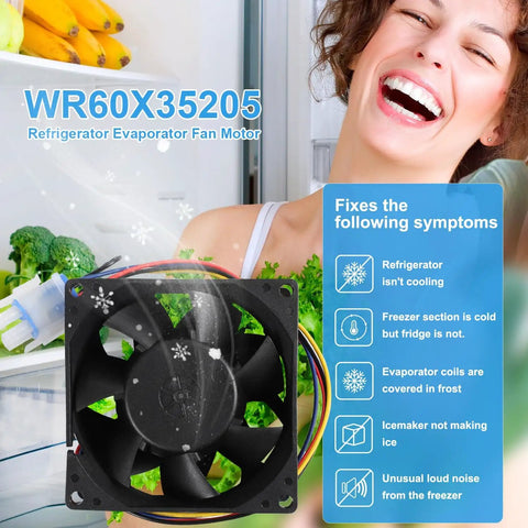 Refrigerator Evaporator Fan Motor DC 13.6V 0.16A Replacement For GE Models; fan motor in open fridge with vegetable background