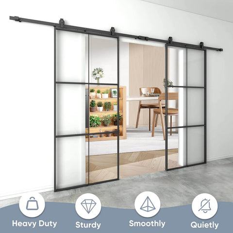 Double Barn Door Set 72 By 96 Inches With 12 Feet Hardware Kit Includes Two 36 By 96 Clear Tempered Glass Panels Aluminum Frame Pocket Interior Door Easy Assembly Black Top Mounted Hardware showcasing installed doors with black frame.