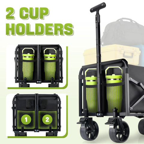 All Terrain Folding Wagon Cart With Wheels And Brakes Lightweight Portable Utility Wagon with two cup holders shown