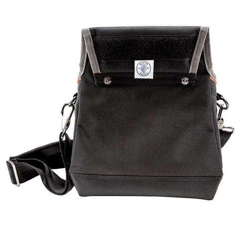 Front view of Tradesman Pro Tool Pouch With Padded Shoulder Strap And Reinforced Bottoms 15 Pocket Tool Organizer, black color