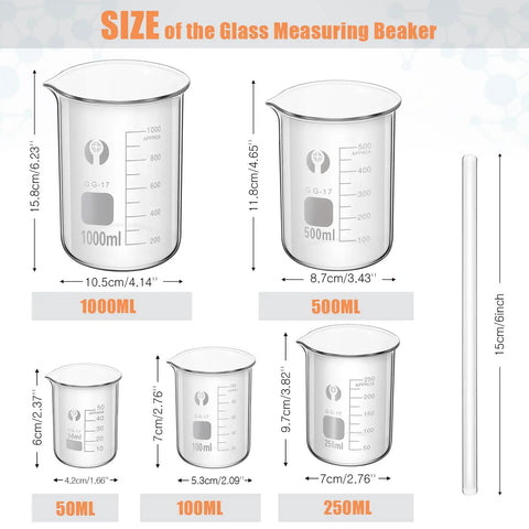 Glass Beaker And Graduated Cylinder Kit With Stirring Rod, Borosilicate Lab Glassware Set Featuring 1000, 500, 250, 100, 50 ml Beakers
