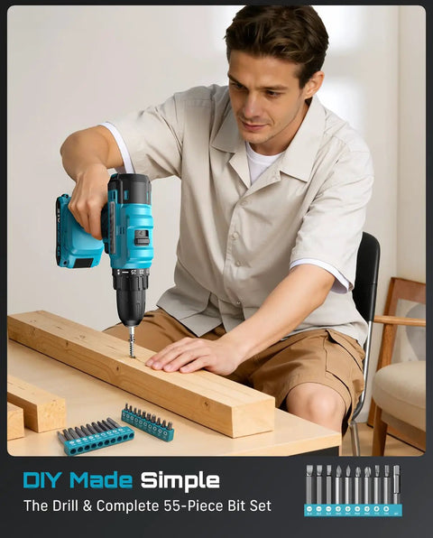Man using 21V Cordless Drill Tool Kit With 190 Piece Power Tool Set Pro Grade Includes Hammer Pliers Wrenches And Toolbox Electric Drill Driver For Home DIY Heavy Duty Projects Furniture Assembly And General Handyman Tasks on wood