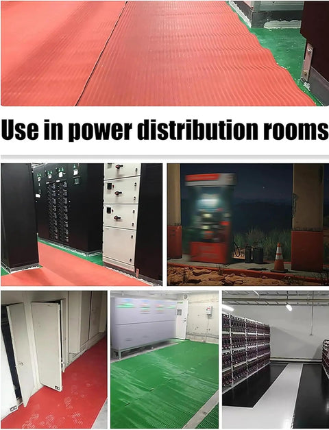 Collage of distribution rooms with Tough As Nails Electrical Safety Rubber Mat For Electricians, Black 100x500 cm.