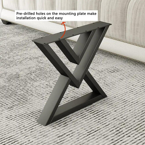 Diamond Shape Black Metal Desk Legs 16 Inch Set Of 2 For Coffee Tables Industrial Modern Base Heavy Duty And Durable Powder Coated Finish Resists Chips Scratches And Rust showcasing pre-drilled holes for easy installation.