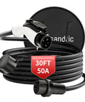 Heavy Duty EV Charger Extension Cable 30 Foot 50 Amp Level 2 J1772 compatible charging cord with black casing and connectors.