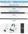 Top Shelf 2 Set Trampoline Pole Replacement Kit With Upper And Lower Straight Tubes dimensions showing steel sizes and hardware parts.