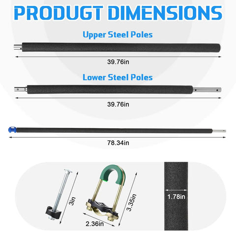 Top Shelf 2 Set Trampoline Pole Replacement Kit With Upper And Lower Straight Tubes dimensions showing steel sizes and hardware parts.