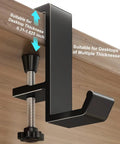 Aluminum Alloy Headphone Stand For Desk Mount, Under Desk Headset Holder And Hook showing clamp fitting different desk thicknesses.
