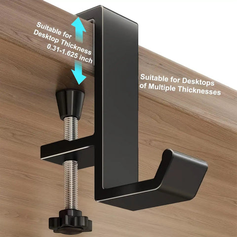 Aluminum Alloy Headphone Stand For Desk Mount, Under Desk Headset Holder And Hook showing clamp fitting different desk thicknesses.