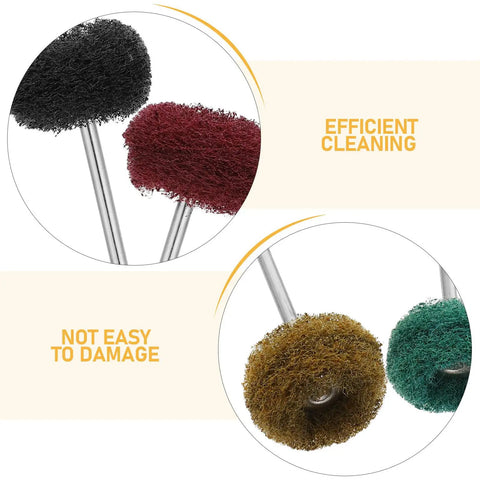 Trendy 100 Piece Mini Buffing Wheel Kit With T-Shaped Design For Drills showing assorted scouring pads in various colors.