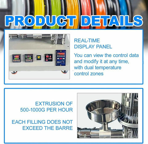 Product details of Hella Reliable Single Screw Plastic Pellet Extruder And Fast Filament Maker With 1000W Motor showing control panel.