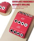 Front view of Angled Pro Grade Drill Guide for Cable Railing with 30 Degree 45 Degree and 90 Degree Holes, red, on wood.