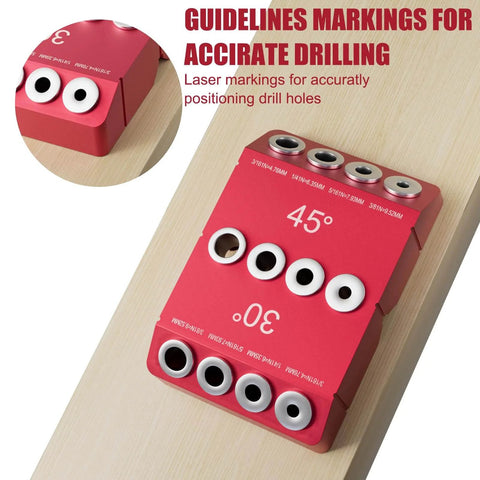Front view of Angled Pro Grade Drill Guide for Cable Railing with 30 Degree 45 Degree and 90 Degree Holes, red, on wood.