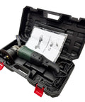 Hella Powerful 1800W Portable Curved Beveling Machine With Four Blades in a black carrying case with manual.