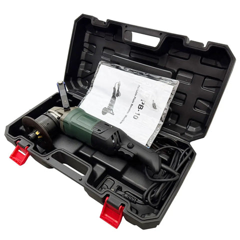 Hella Powerful 1800W Portable Curved Beveling Machine With Four Blades in a black carrying case with manual.