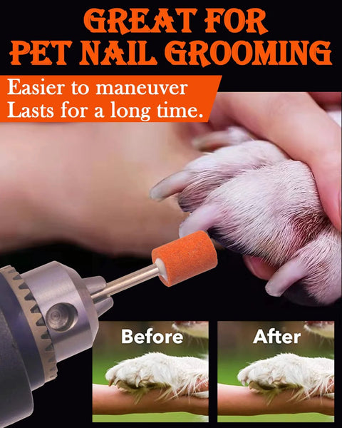 Close-up of orange abrasive grinding stone on a 1/8" shank rotary tool for pet nail grooming; person holds a dog paw.