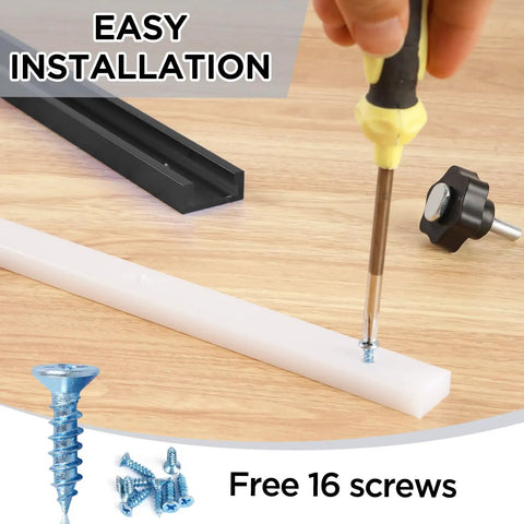 Close-up of easy installation of 26 Pc Table Saw Crosscut Sled Kit with aluminum tracks, UHMW bar, and included screws.