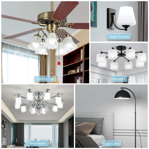 Collage of various light fixtures including Brighten Up Any Room With A15 LED E26 Ceiling Fan Bulbs 5000K Daylight, 60W Equivalent