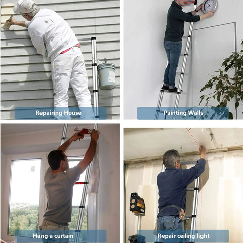 People using Twelve And A Half Foot Telescoping Ladder With One Button Retraction Thickened Tube for home and RV tasks.