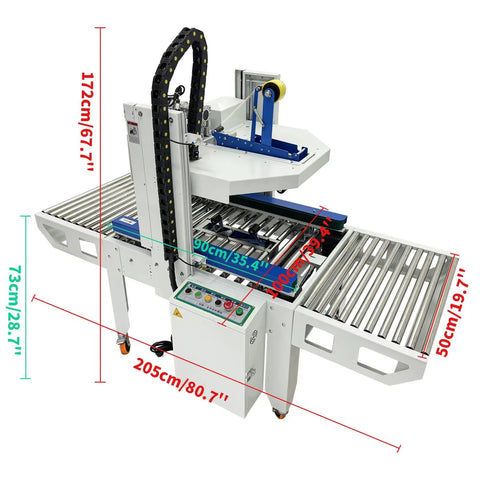 High Capacity Full Automatic Double Flap Case Sealer Machine For Carton Packing with dimensions, adjustable parts, and control panel.
