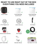Handy Upgraded Four In One Electric Mason Jar Vacuum Sealer Kit contents: sealer, bags, lids, opener, tube, cable, manual