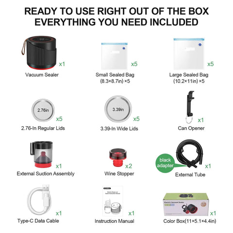 Handy Upgraded Four In One Electric Mason Jar Vacuum Sealer Kit contents: sealer, bags, lids, opener, tube, cable, manual