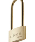 SEDORTI brass padlock with long shackle, front view; 40mm width, weatherproof light-duty marine-grade lock