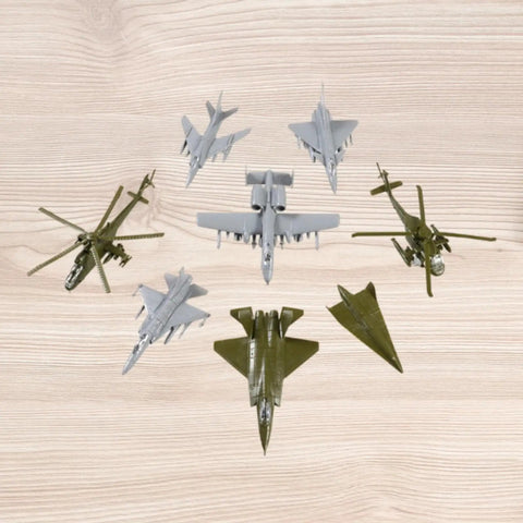 Top view of Must-Have 8 Piece 1/144 Scale Aircraft Model Set For Static Display And Easy Assembly Without Glue on wooden surface
